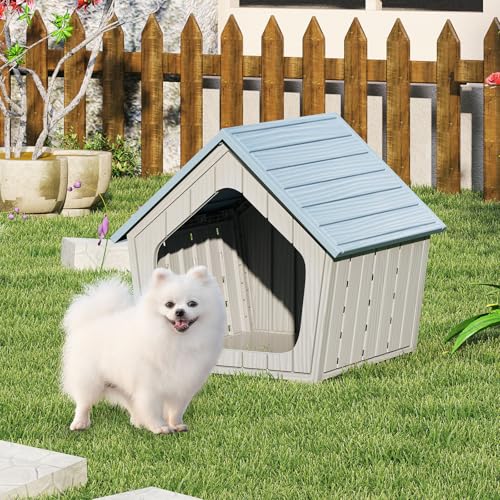 COSTWAY Niche pour Chien Exterieur Interieur en PP, Plusieurs Trous d'Aération, Toit en Pente, Cabane Chien Exterieur, Base Imperméable, Grande Entrée, pour Chiot Chat Lapin, 59,5 x 57 x 58 cm