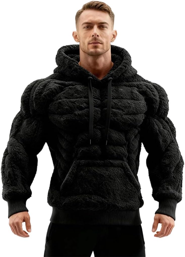 Men's Flannel Solid Color Hooded Sweatshirt Abdominal Muscle Shape Long Sleeve Patchwork Pullover