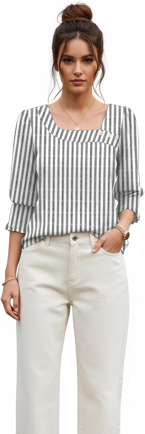 ETCYY NEW Womens Tops Dressy Casual Shirts 3/4 Length Sleeve Blouses for Women with Smocked Cuffs - Image 2