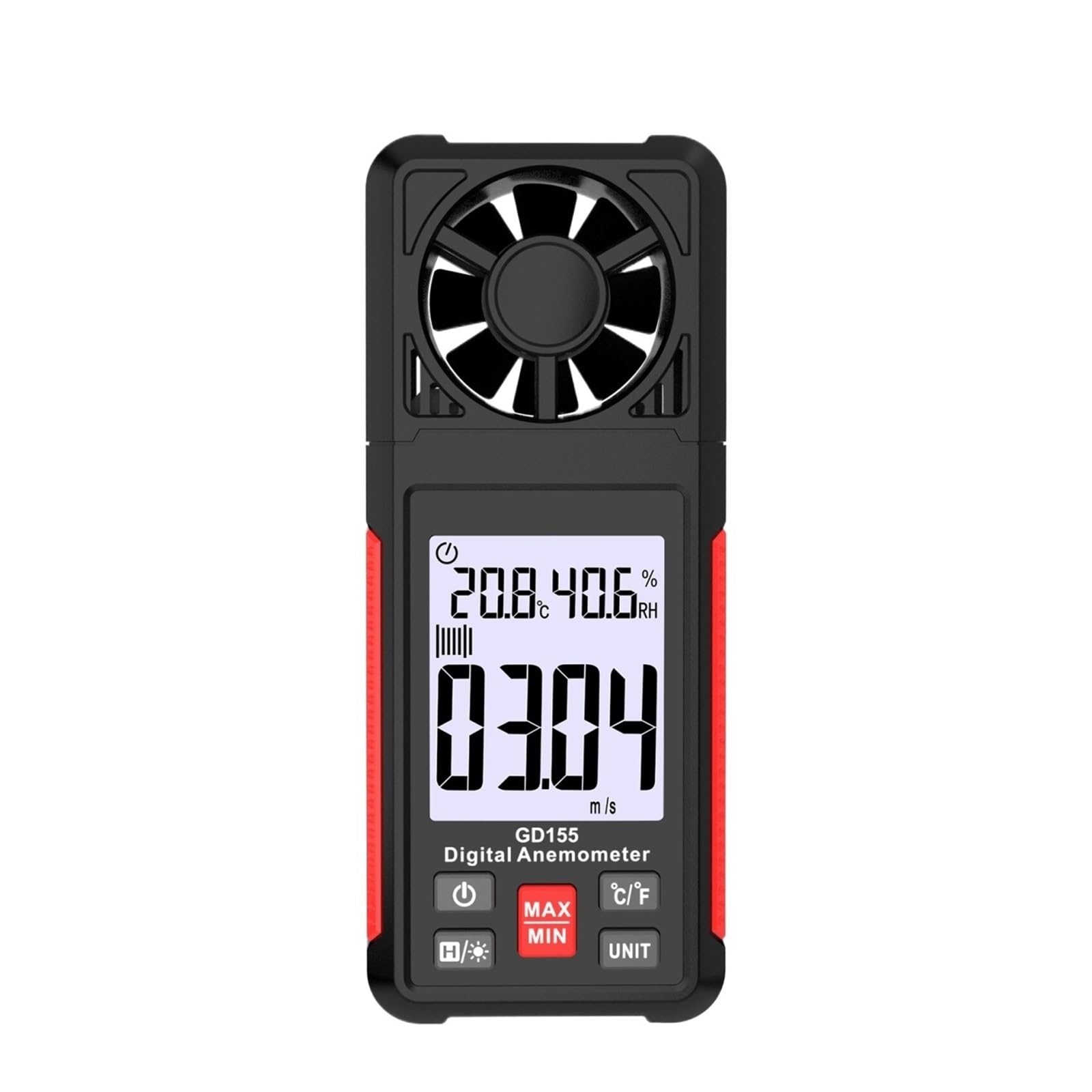 Digitales Anemometer, tragbares Windgeschwindigkeitsmessgerät GD155 zur Messung der Windgeschwindigkeit, Temperatur und Windkälte mit LCD-Hintergrundbeleuchtung