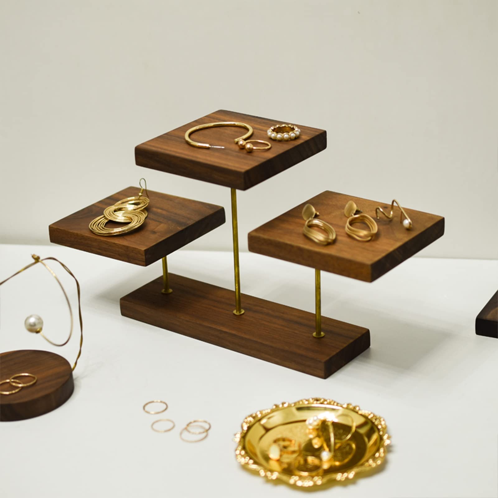 GRFIT Espositore per Occhiali da Sole Vassoio di visualizzazione dei monili di visualizzazione dei Gioielli di Walnut a 3 Livelli per Esposizione Commerciale Domestica Negozio