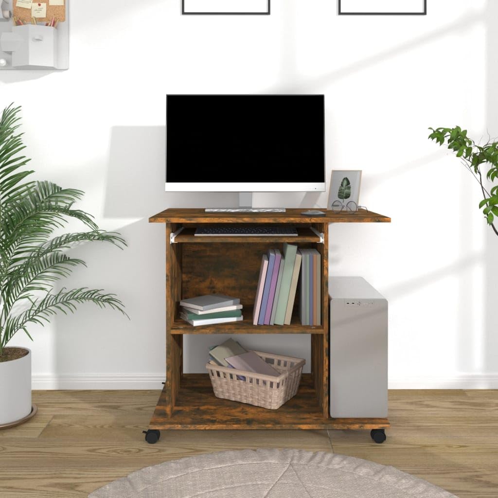 Rolling Computer Desk with Keyboard Tray & CPU Stand, Smoked Oak | Space-saving engineered wood workstation measuring 31.5 x 19.7 x 29.5 inches, ideal for small home office spaces.