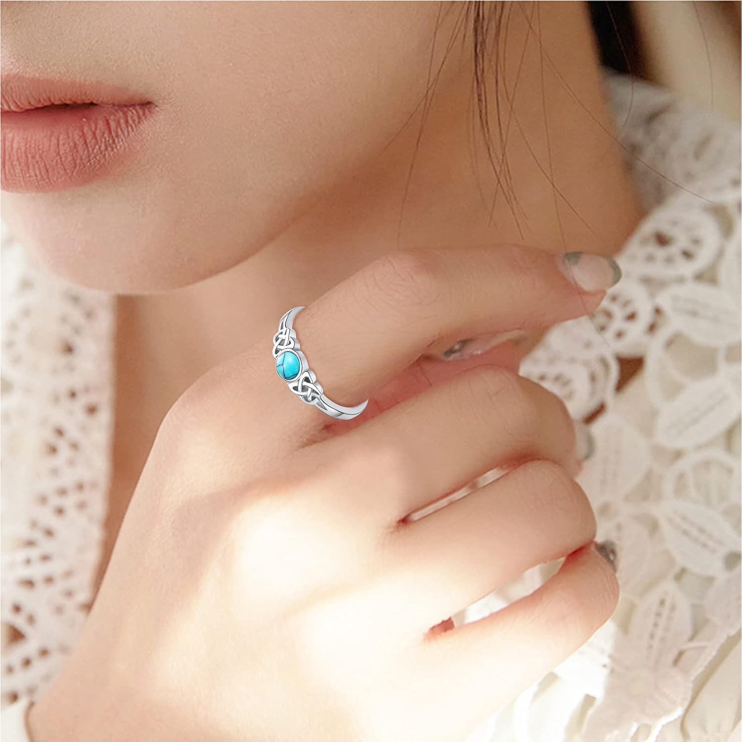 CUOKA MIRACLE Moonstone Ring 925 Sterling Silver Celtic Knot Ring Adjustable Rainbow Moonstone/Opal/Malachite/Turquoise Ring Open Ring Jewelry Gift for Women Christmas Thanksgiving Gift