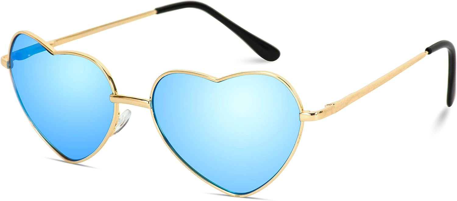 Women Metal Heart Frame Mirror Lens Cupid Heartshape Sunglasses Gold Frame / Mirror Blue Lens 55 Millimeters
