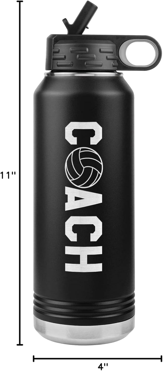 Volleyball Coach Water Bottle - 32oz Insulated Engraved Stainless Steel Flip Top With Straw Volleyball Coach Gift Black - Image 2