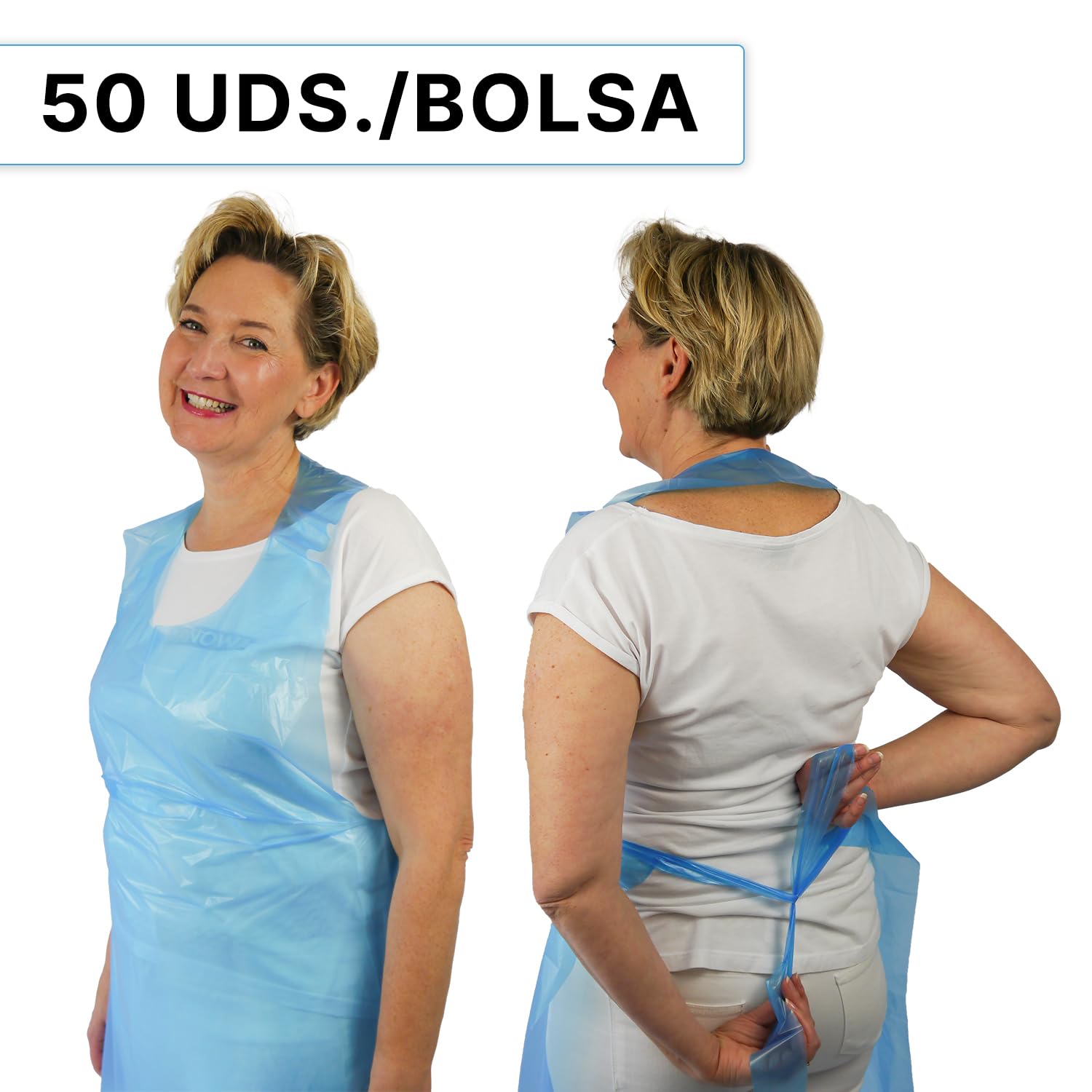ARNOMED delantal de plastico PE 50 uds, delantal impermeable, bata desechable plastico de 18µ de grosor, pack de batas desechables de 75x125cm, azul, resistente al aceite