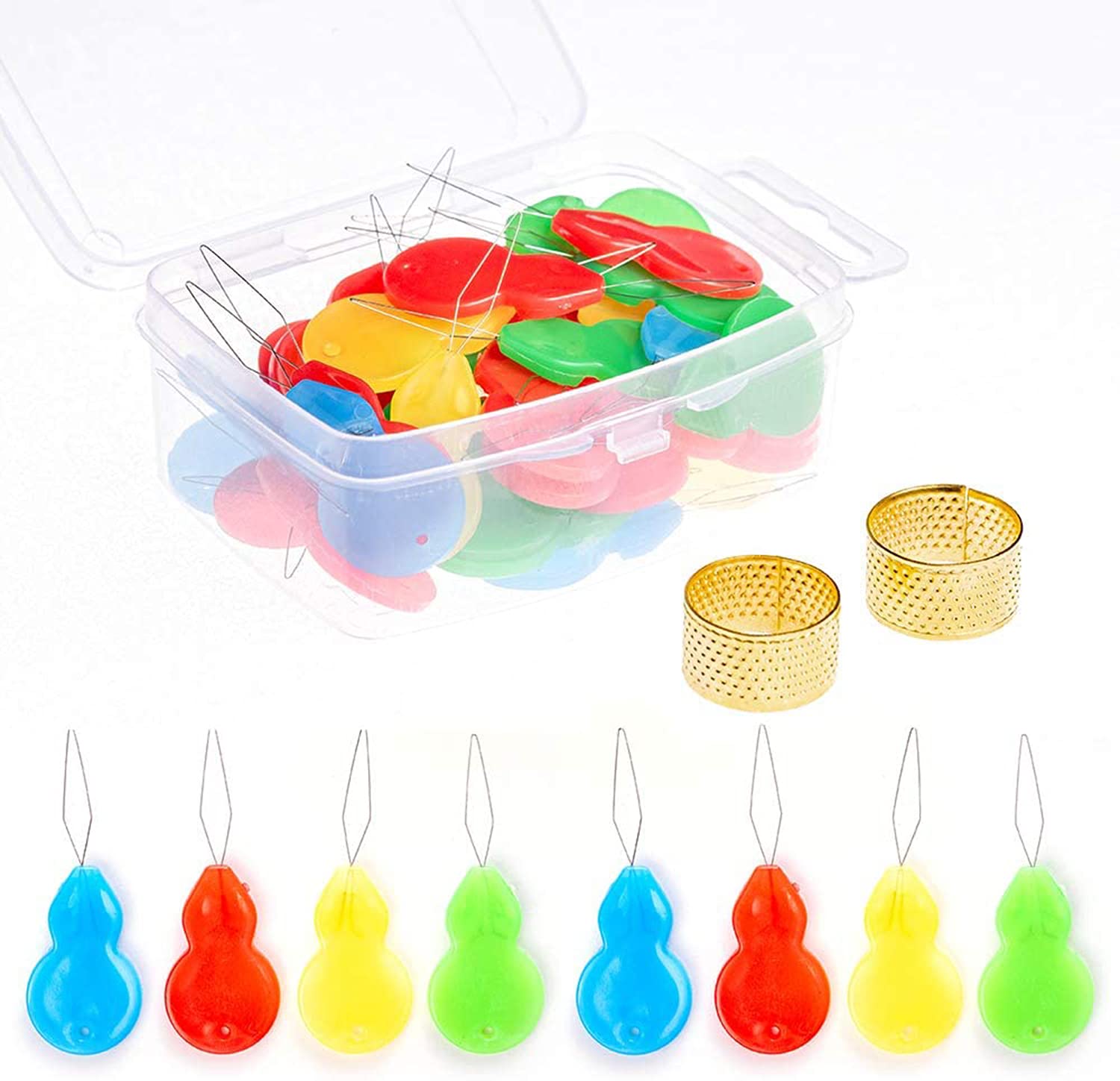 KASTWAVE 30Pcs Plastic Gourd-Shaped Needle Threaders, Wire Loop Needle Threader Hand Machine Sewing Tool, Assorted Colors (2pcs Thimbles Free)