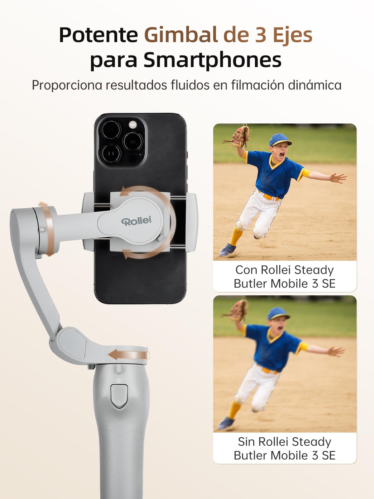 Rollei Steady Butler Mobile 3 SE Gimbal para Móvil, Estabilizador 3 Ejes Ligero y Plegable Compatible con iPhone 16/15/14/13/12 Pro MAX y Android para Grabación de Video TikTok Youtube Instagram Vlog