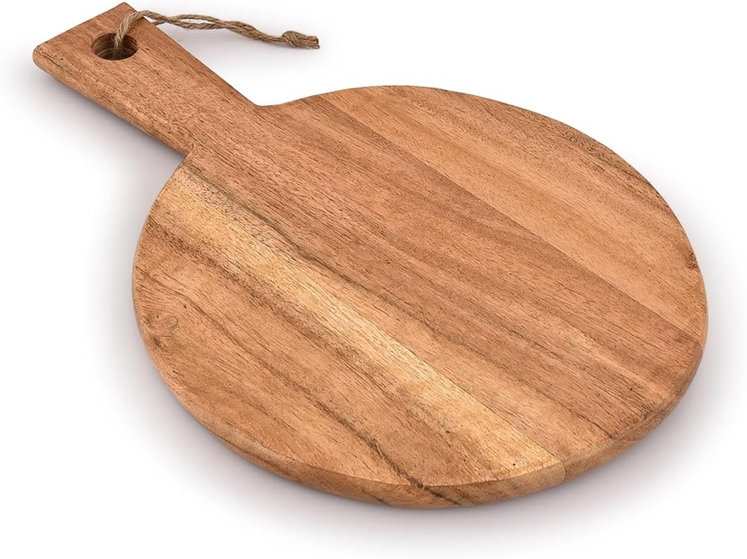 Samhita Round Acacia Wood Cutting Board with Handle for Chopping and Serving Charcuterie, Cheese, Pizza, Bread – Wall Décor (33.02cm X 22.86cm X 1.09cm)