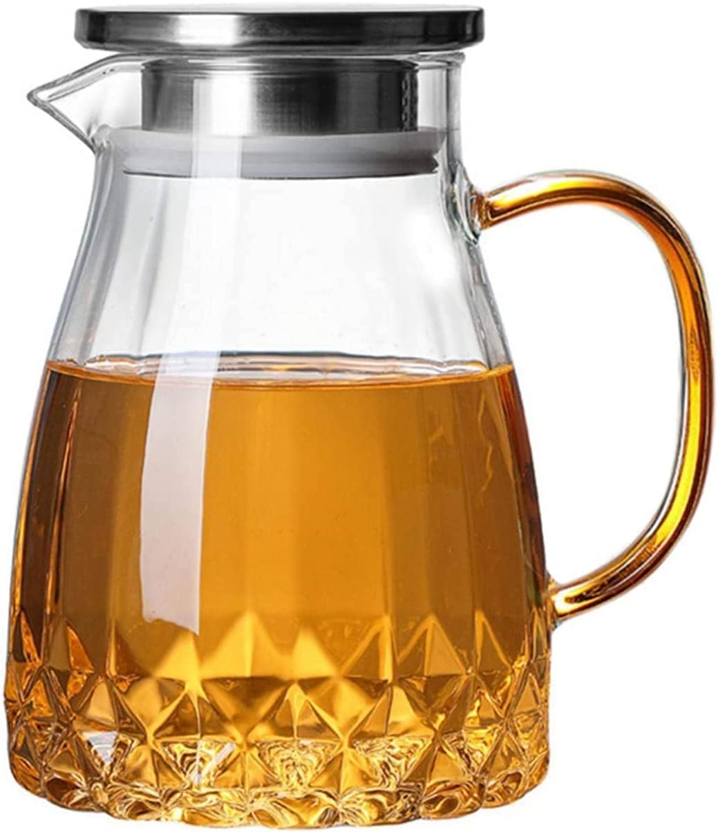 Jarra de agua, jarra de agua de vidrio de 1400 ml, jarras de agua de vidrio con tapas de acero inoxidable, jarra de agua resistente al calor, jarra de té helado para bebidas frías o calientes.