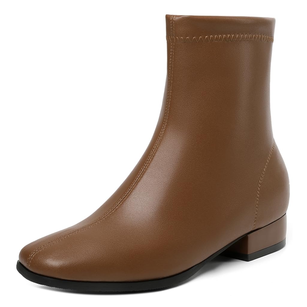 Womens Fashion Western Flat Ankle Boots Square Toe Zipper Comfy Low Heel Chelsea Dress Short Booties