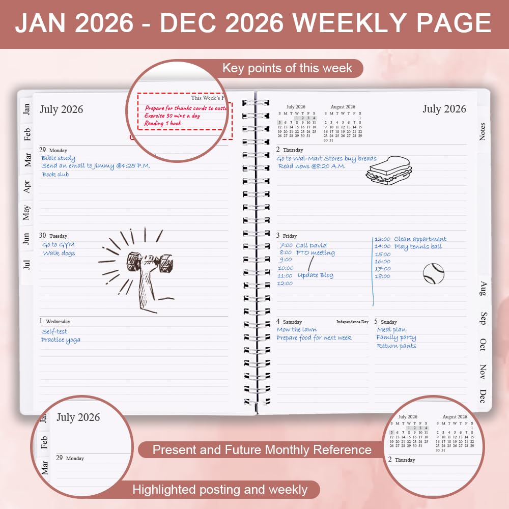 Agenda 2024, settimanale e mensile, va da gennaio 2024 a dicembre 2024, 17,8 x 25,4 cm, 12 schede mensili, pagine per appunti, tasca interna, copertina flessibile con rilegatura a doppio filo,