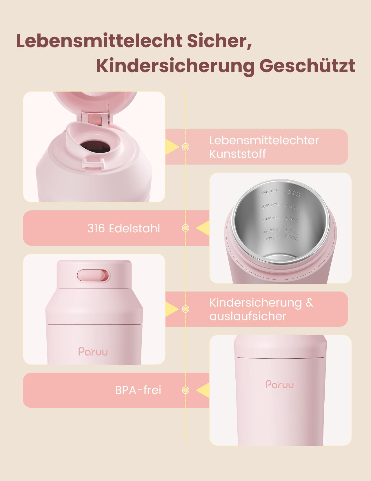 Paruu Tragbarer Flaschenwärmer Baby Unterwegs, Schnellaufheizen in 2 Min, 7-Stufige Temperaturregelung, 30W-Schnellladung, 350ml Kapazität, Rosa