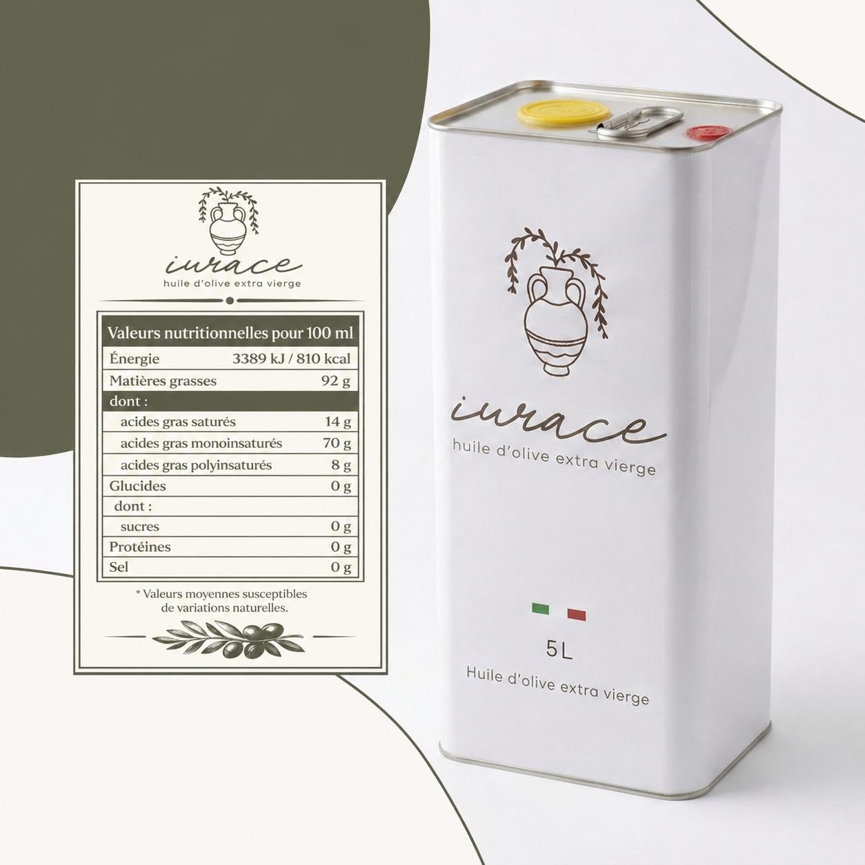 IURACE Huile d’Olive Extra Vierge 5L – 100% Italienne – Pressée à froid – Calabre