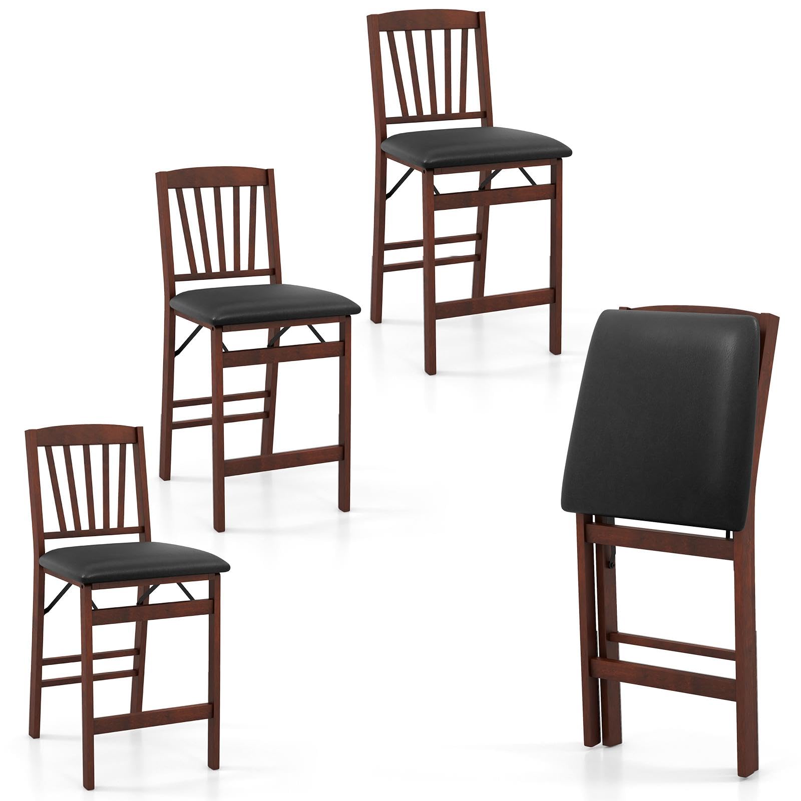 Giantex Folding Counter Height Bar Stools Set of 4, 24.5" Farmhouse Barstools w/Padded Seat&Slat Back, Footrest, Rubber Wood Legs, No Assembly Needed, Upholstered Bar Dining Chairs for Kitchen Island