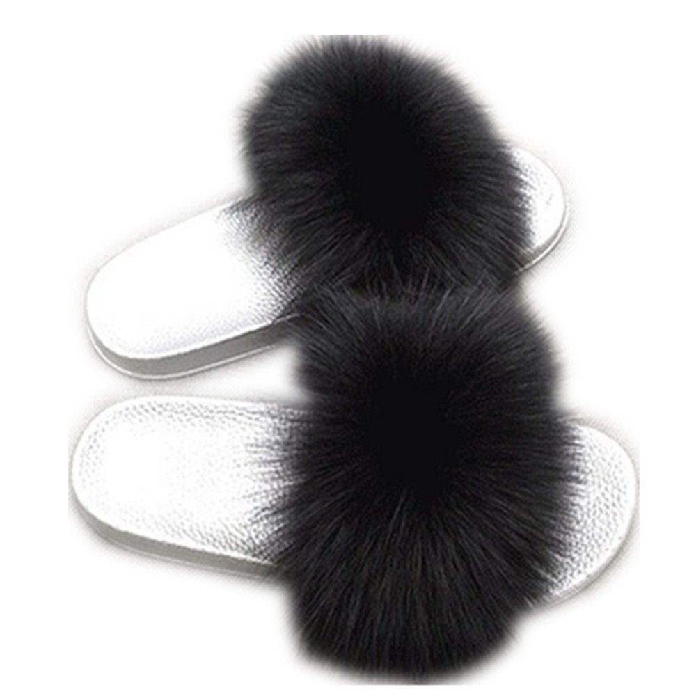 QMFUR Women Real Fox Fur Open Toe Slide Slippers On Sandals Multicolor (8, Silver-Black)
