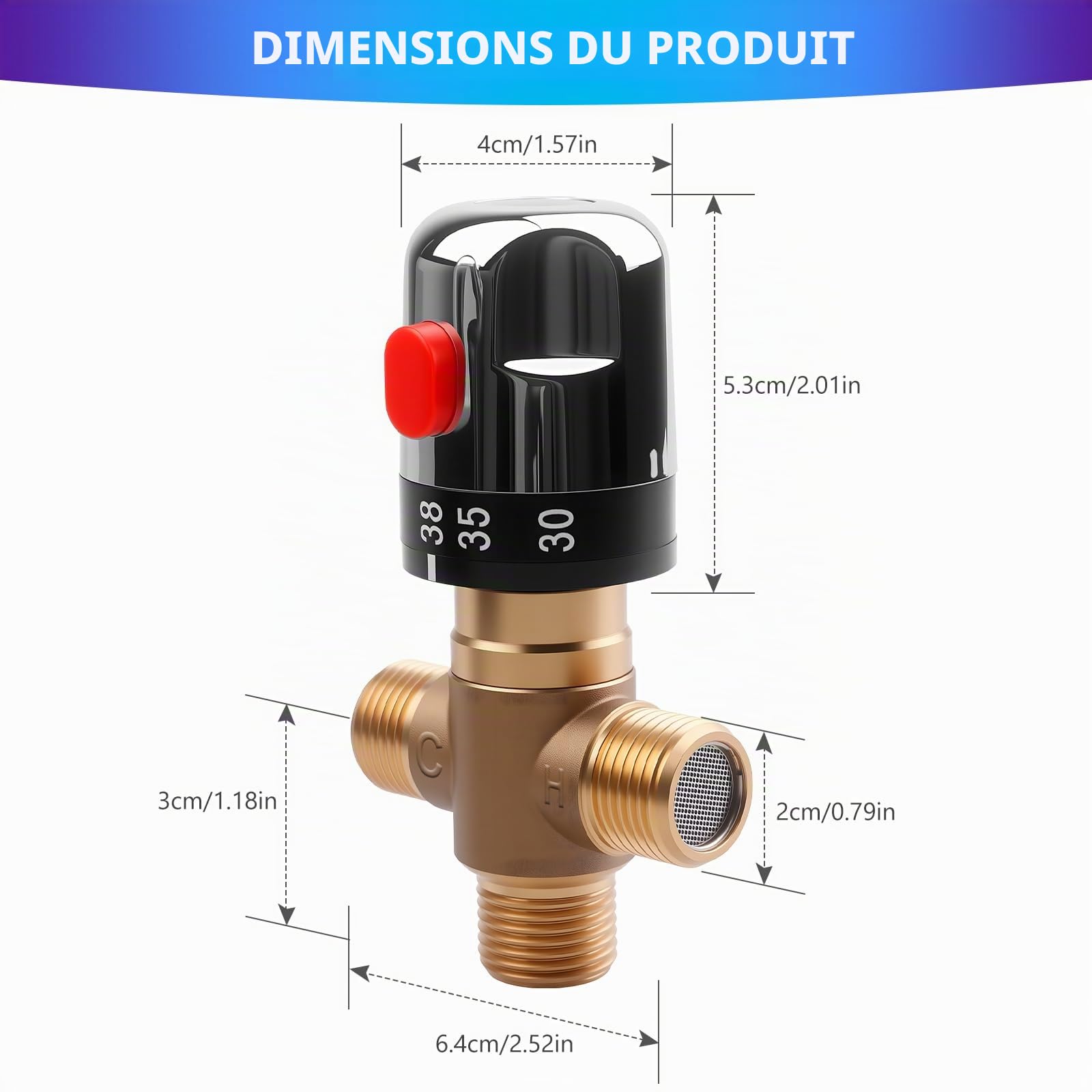 Vanne de mélange thermostatique, mélangeur thermostatique à 3 voies, mélangeur thermostatique G1/2, vanne de contrôle de la température de l'eau, vanne de mélange thermostatique pour utilisation