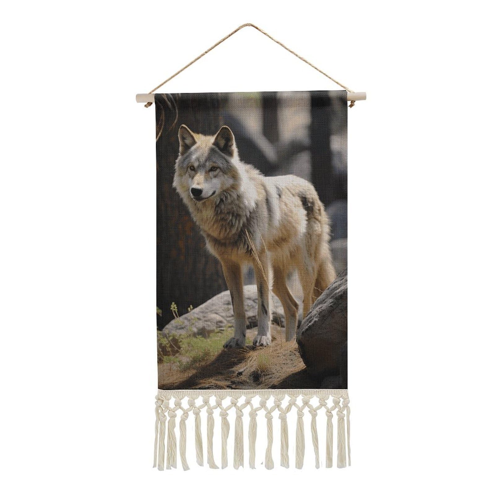 FekiLoot Wildlife Wolf Wall Art Poster Hanger Frame Vertical Tassel Tapestry Cotton Linen Hanging Poster Decorative Wall Art Prints Vintage Wall Art Decor for Home Bedroom Living Room Office