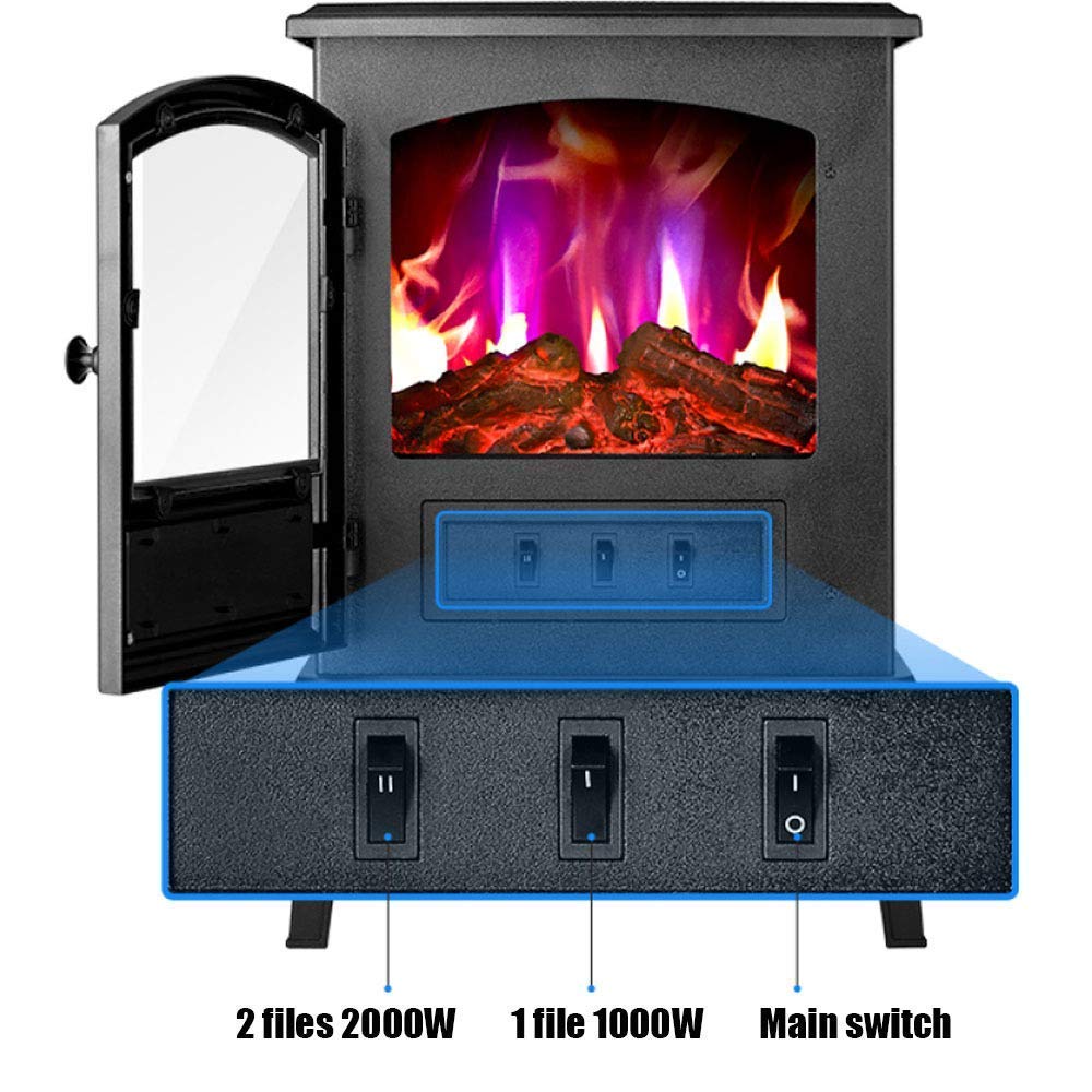 FAXIOAWA Stufa elettrica per Camino Effetto Fiamma Camino Indipendente da 2000 W con Telecomando Luce Legna a LED (B)