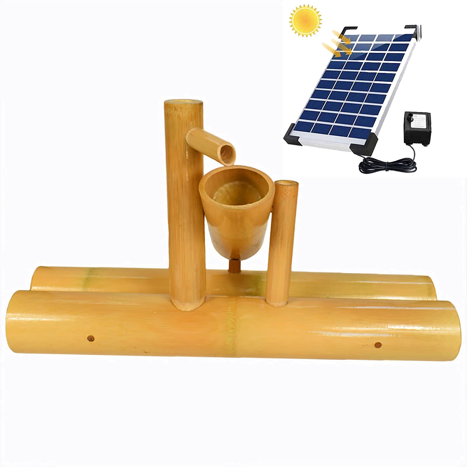 Fontana Solare, Fontana da Giardino, bambù Liscio Anti-Crepa, Fontana da Giardino in bambù Naturale con Pompa, Ornamenti da 40 Cm(60cm)