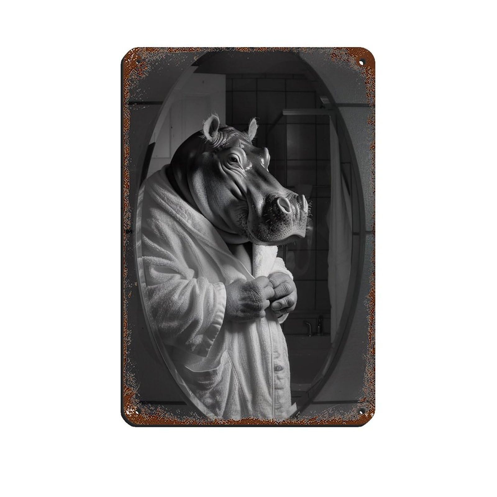 Hippo in A Bathrobe, Funny Bathroom Art Tin Sign Vintage Metal Pub Club Cafe Bar Home Wall Art Decoration Poster Retro 8x12inch(20x30cm)