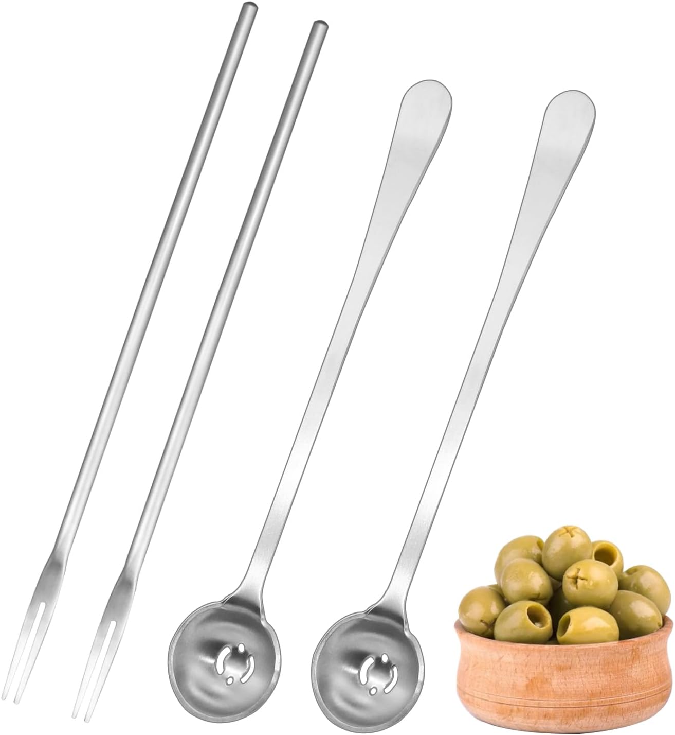 4 Pcs 8.7 Inch Extra Long Pickle Fork and Olive Spoon Strainer Set Stainless Steel Long Handle Pickle Fork Jars Serving Spoon with Drain Hole for Pickle Cucumber Arugula(4)