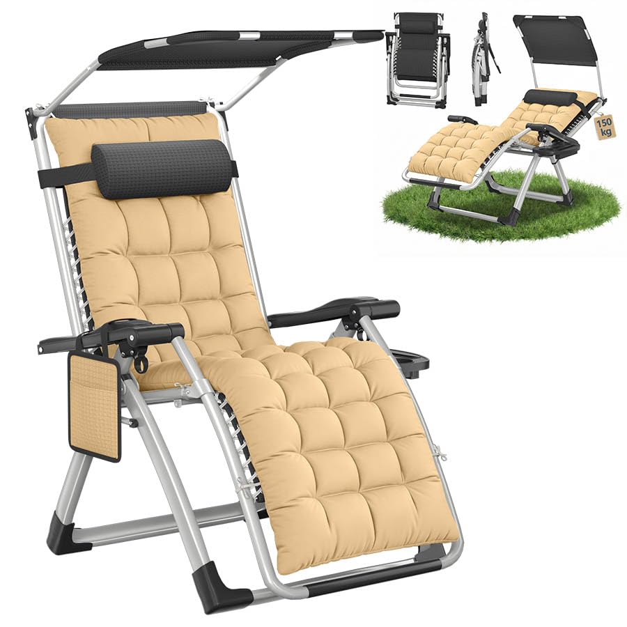 Aufun Sun Lounger Folding Garden Chair Recliner with Sun Canopy Neck Cushion Cup Holder Side Pocket, Weather Resistant Heavy Duty 160kg for Garden Patio Beach, Beige