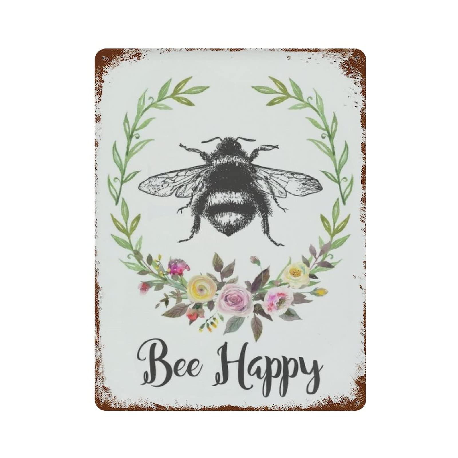 AOOEDM Bee Happy Vintage Metal Tin Sign for Home Coffee Shop Office Wall Art Metal Poster Garage Decor Man Cave Sign Inspirational Quote Wall Decor