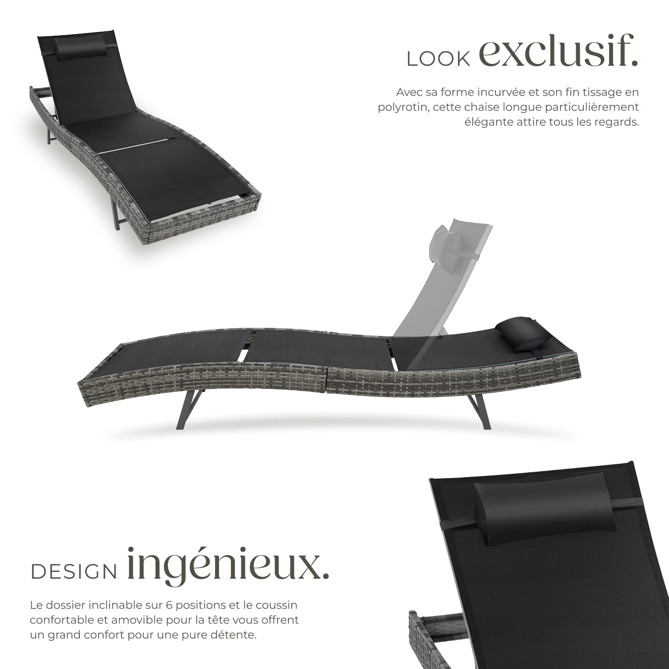 tectake® Chaise Longue Bain de Soleil en Résine Tréssée, Résistant Dossier Inclinable sur 6 positions, Appuie-tête inclus Transat Salon de jardin exterieur Mobilier de Jardin Chaise Longue Relax Plage