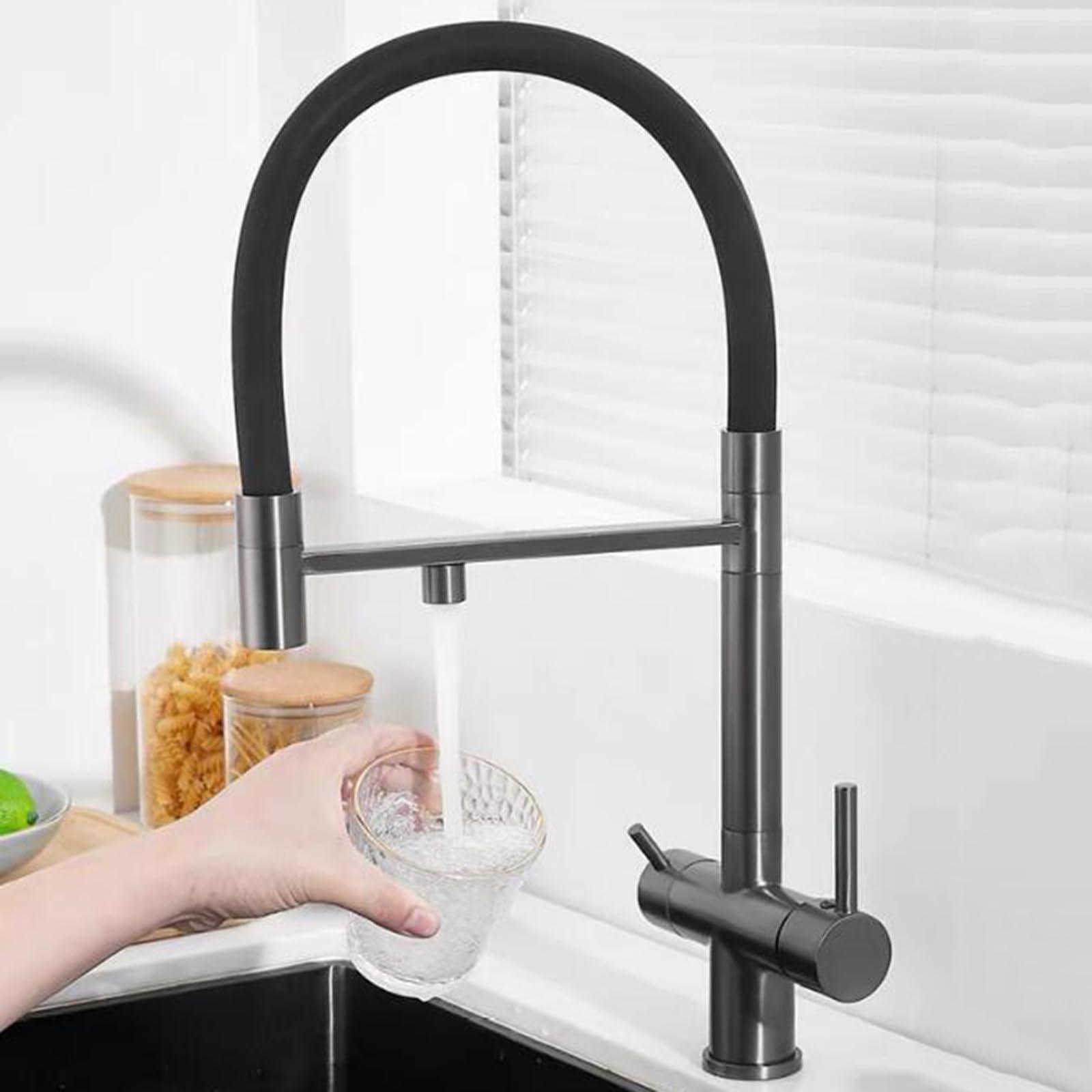 Kitchen Tap Mixer Faucet - 3 Way with Flexible Double Water Outlet, Hot and Cold Purified Water, 2 Handles, Brass-Brushed Finish