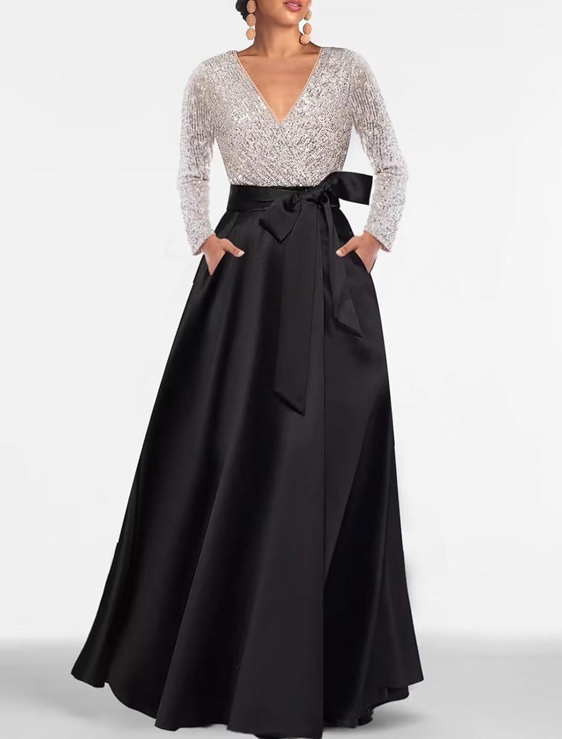 Womens Sequin Long Sleeve Evening Gown Satin Prom Dress Elegant A Line Wedding Guest Dress with Pocket - Image 3