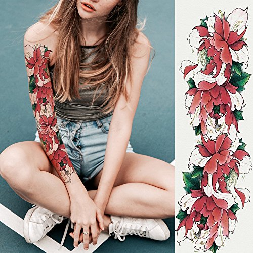 6 Sheets Full Arm Temporary Tattoo, Waterproof Extra Large Black Skull Rose Temporary Tattoos for Men and Women, Adults Body Art Tattoo Sticker Fake Tattoo