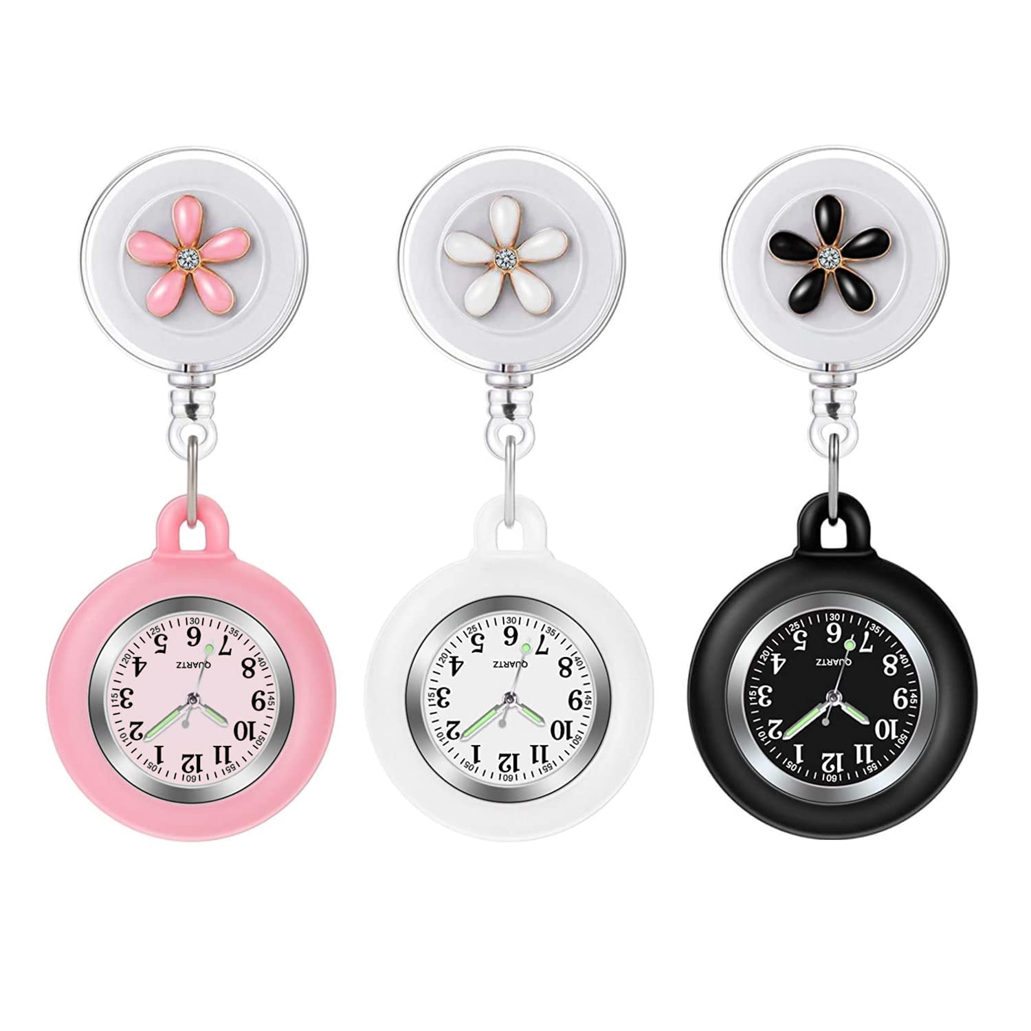 MAKINGTEC 3 Pcs Nurse Watch for Nurses Doctors, Clip-on Hanging Lapel Nurse Watch Silicone Cover Brooch Fob Pocket Watch Badge Reel Retractable Digital Watch