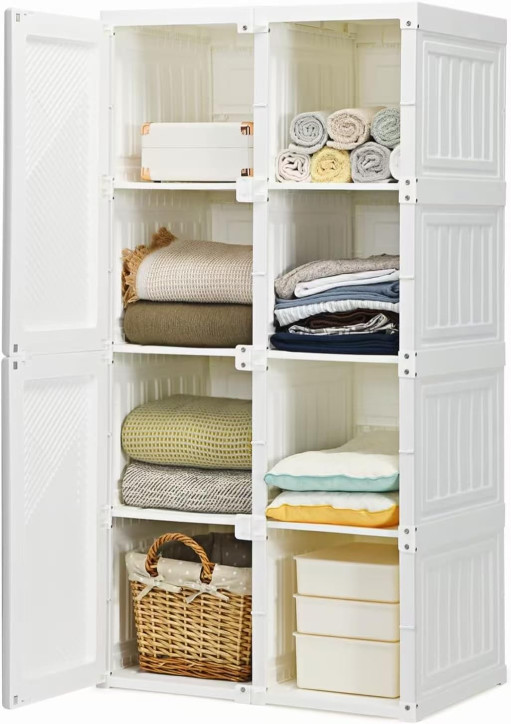 Portable Closet Wardrobe, Foldable Clothes Organizer with Magnetic Door, Freestanding Closet Clothes Organizer for Bedroom, Easy Assemble Clothing Storage w/Storage Compartments & Hanging Rod