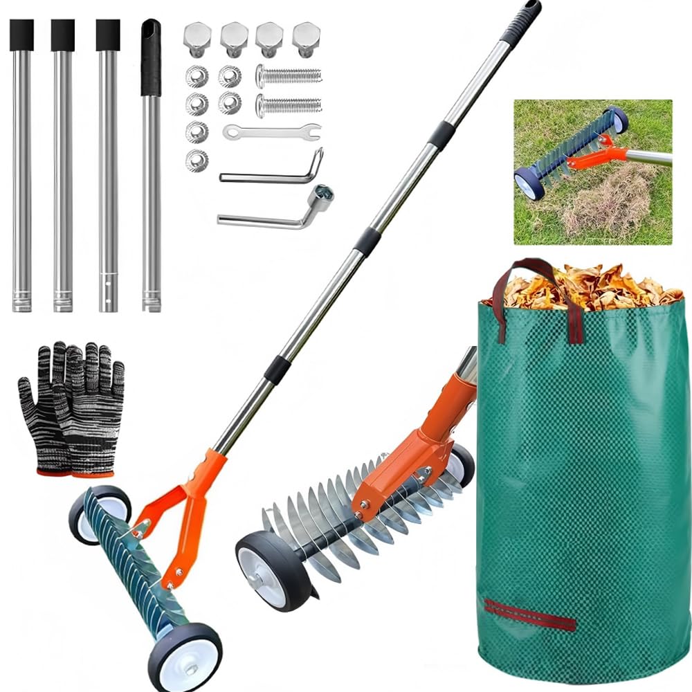 Scarificateur Manuel avec Roues,Verticuteur à Manche de 163 cm,Aérateur de Gazon avec Rouessac à déchets de Jardin,Grattoir de Jardin en Métal,Amovible, Verticuteur Réglable,Houe de Scarification