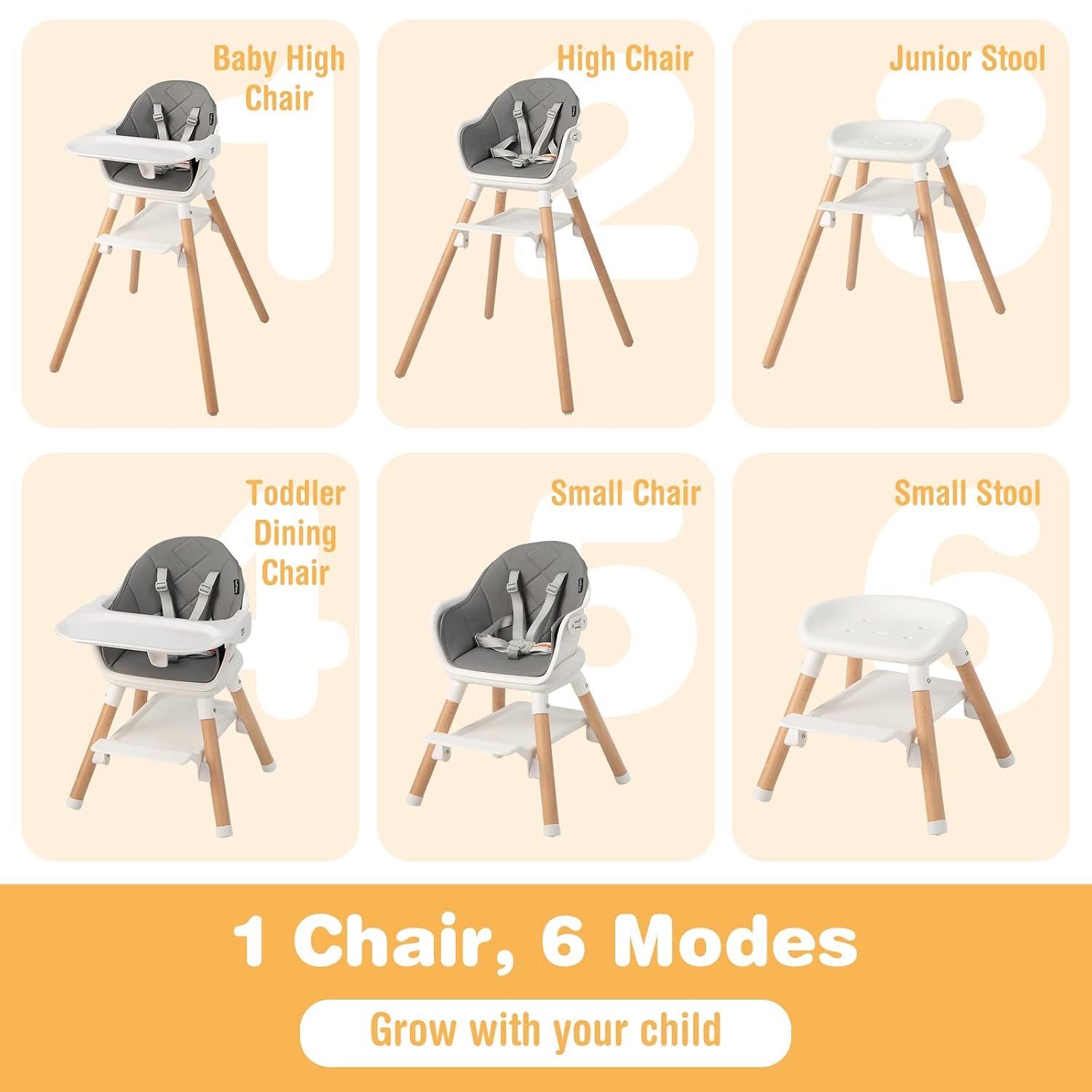   High Chair, 6 in 1 Convertible Wooden High Chair for Babies & Toddlers with Adjustable Legs, Double Removable Tray, Safety Harness & Waterproof PU Cushion (White) thumbnail