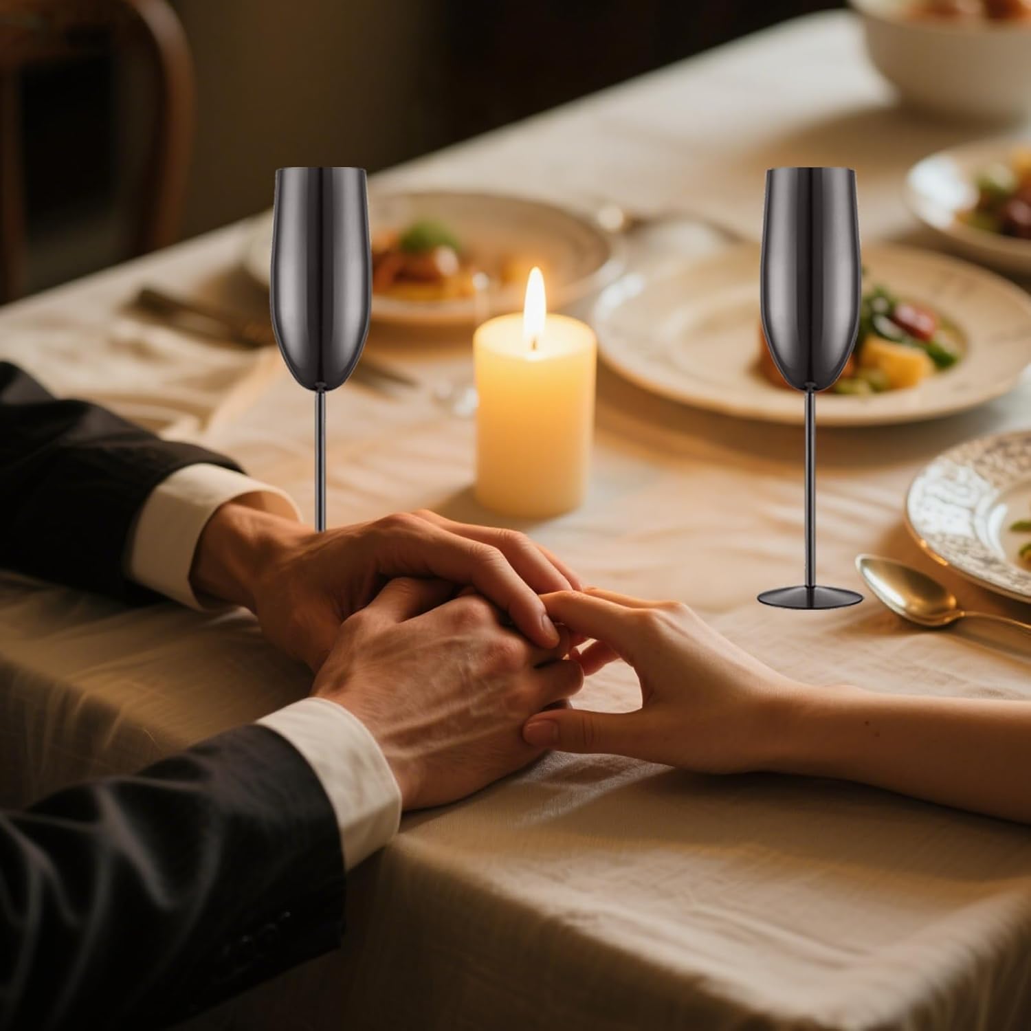 Stainless Steel Champagne Flutes Set of 4-Wedding &Birthday Gifts,8.5 Oz Unbreakable Champagne Glass with Long Stem,Reusable Indoor Outdoor Drinkware (Black) - Image 3