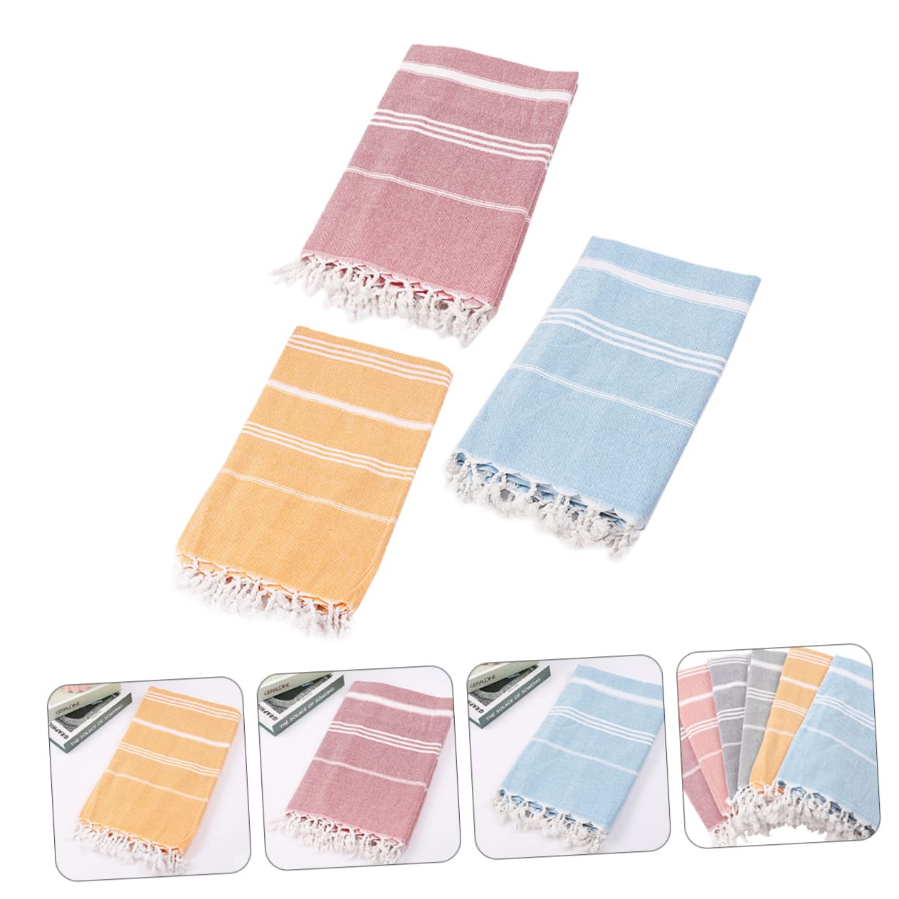WOONEKY Toallas Turcas de Playa con Flecos Absorbentes de Algodón Poliéster Secado Rápido Colores Rojo Azul Amarillo para Baño y Picnic