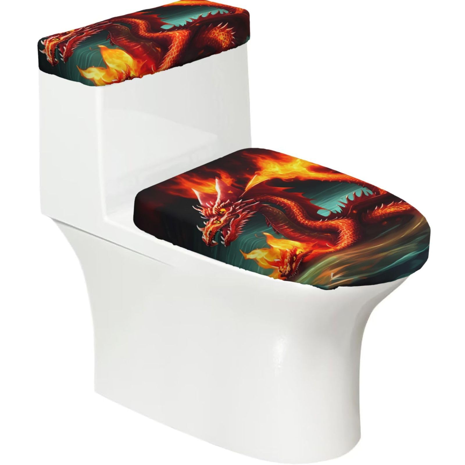 Cntdbu Black Dragon King In Fire Stretchy Toilet Lid And Tank Cover Set-Soft Elastic Bathroom Decor For U Shape Oval