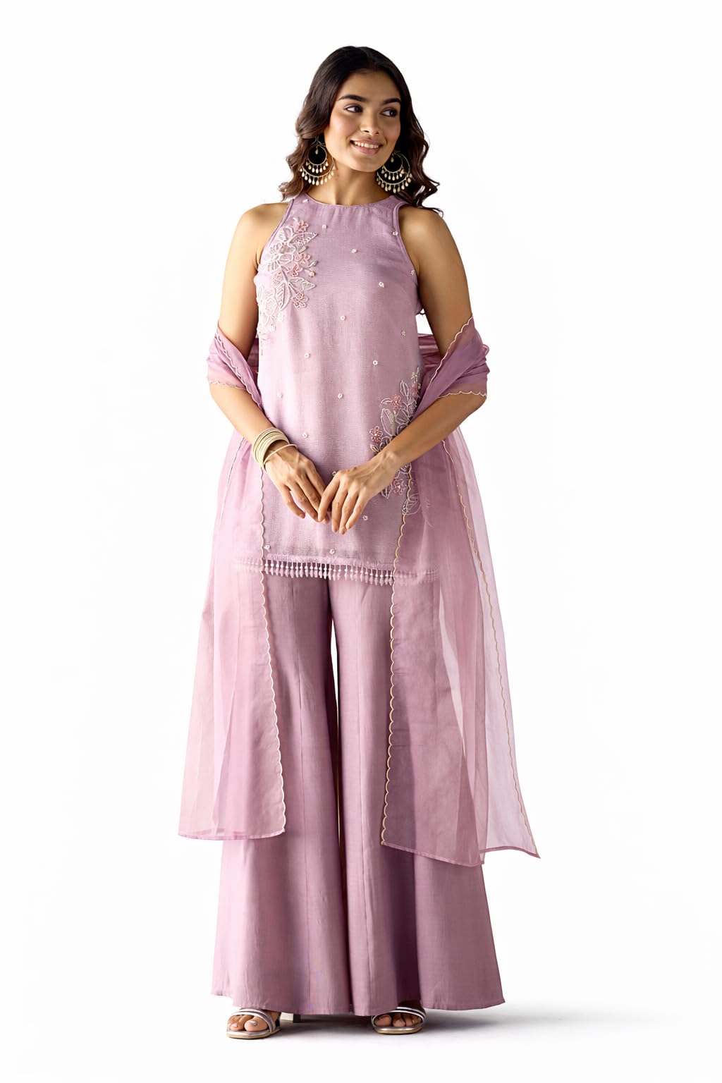 Women Lavender Crush Organza Hand-Worked Straight Kurta Set with Dupatta