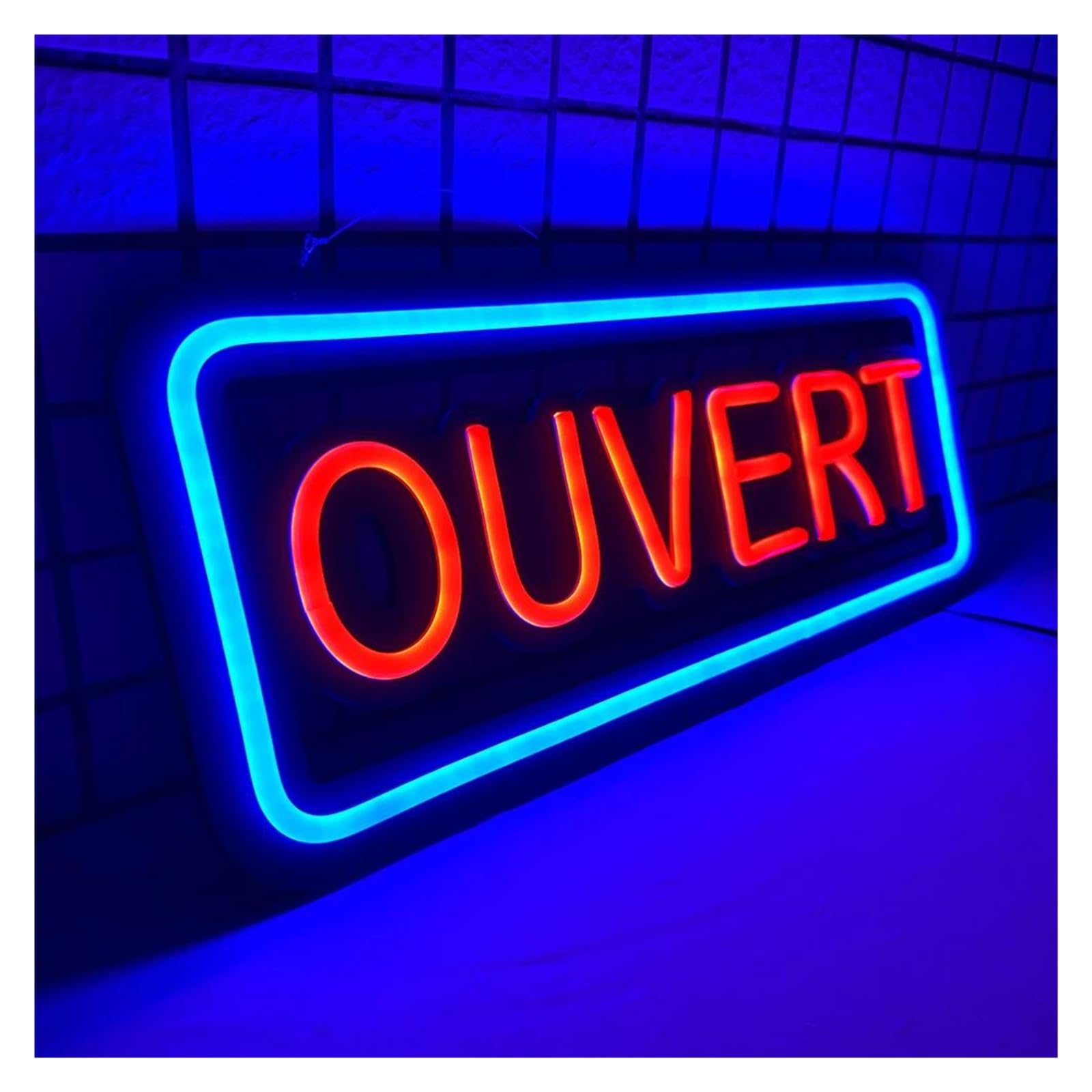 MENGE Néon Enseignes lumineuses Decor Enseigne Lumineuse Ouvert Au Néon, Bleu Et Rouge, Idéale Pour La Décoration D'un Bar Ou D'un Magasin, 20х48cm