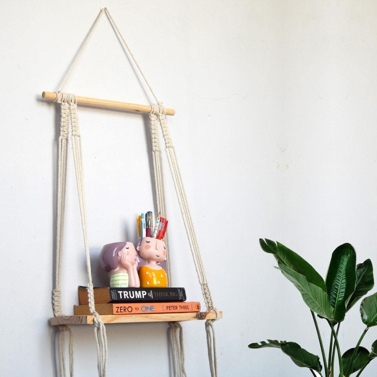 HETVI Enterprise Macrame Wall Hanging Shelf Bohemian Designs Pine Wooden Shelves and Cotton Cord Home Decor for Apartment, Dorm, Bedroom, Living Room, Nursery, Party Decorations H1