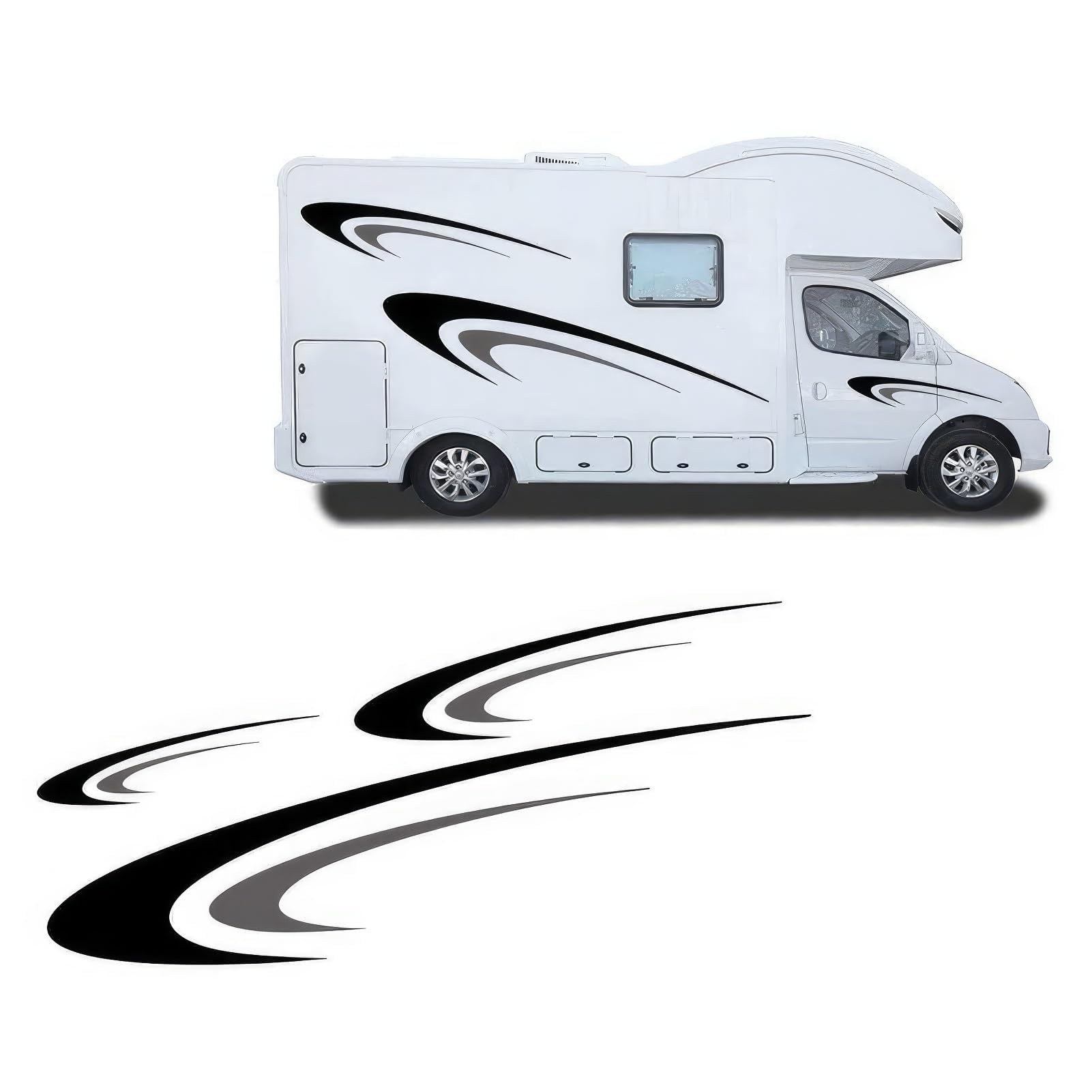 Baceyong 6 piezas gráficas de rayas de vinilo, calcomanías grandes de vinilo para caravana, remolque, autocaravana, pegatinas gráficas, vinilos para furgonetas camper, negro, gris