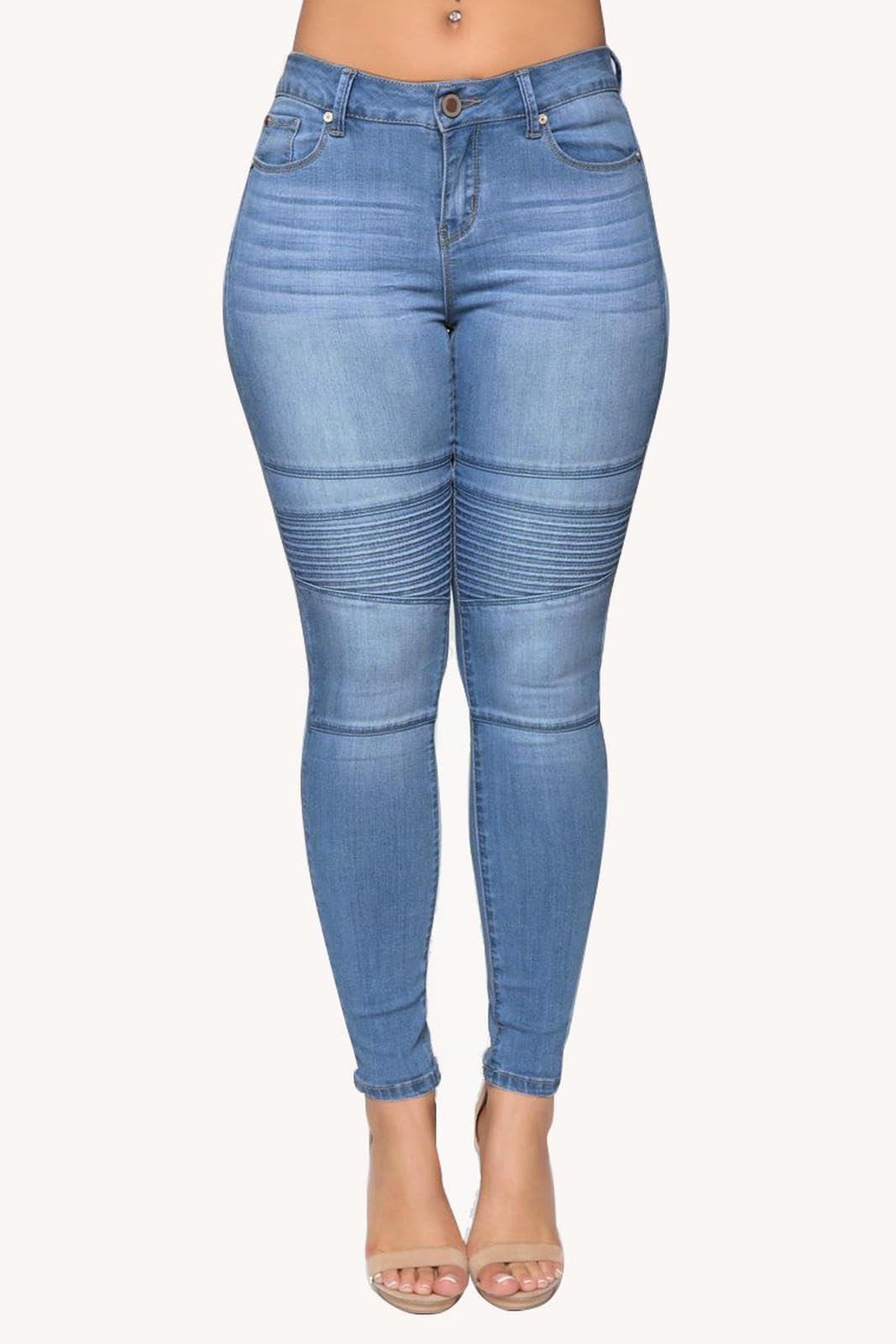 Jeans Donna Stretch Skinny Mezzo Aumento Sottile Denim Jeggings-Blu Chiaro-XL