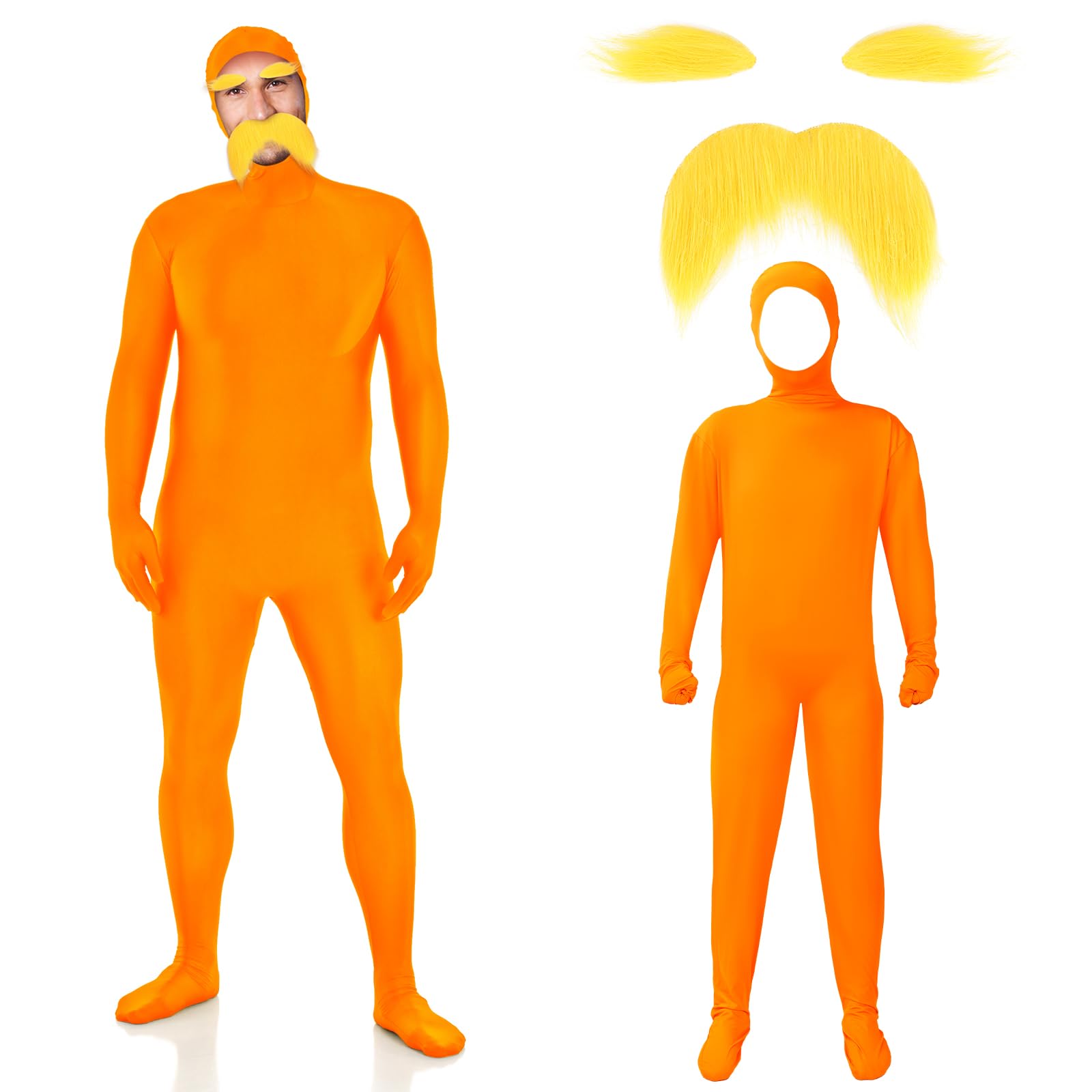 Photo 1 of HIYZI Orange Costume Yellow Mustache and Eyebrows Halloween Costume Orange Jumpsuit for Halloween Christmas Festival Party Cosplay Men Women (M)
