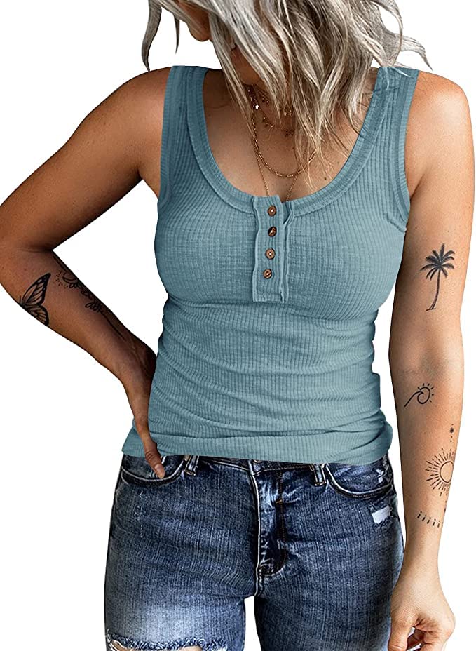 KINLONSAIR Women's Sleeveless Henley Tank Tops Ribbed V Neck Button Down T Shirts Summer Slim Fit Tee Tops