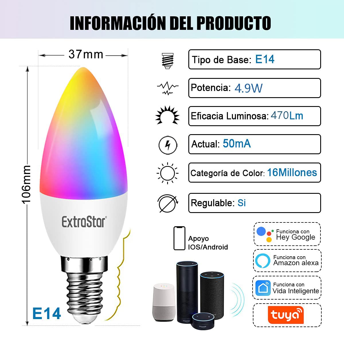 EXTRASTAR Bombilla Alexa LED Intelligente C37, E14, 4.9W, 470lm, Bombilla RGB WIFI LED, Regulable Multicolor + Luz Cálida o Blanca, 16 Millones de Colores, Funciona con Alexa y Google Home, 4 Pcs