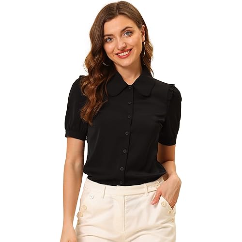 Allegra K Work Collared Top for Women's Peter Pan Collar Short Sleeve Button Front Shirt