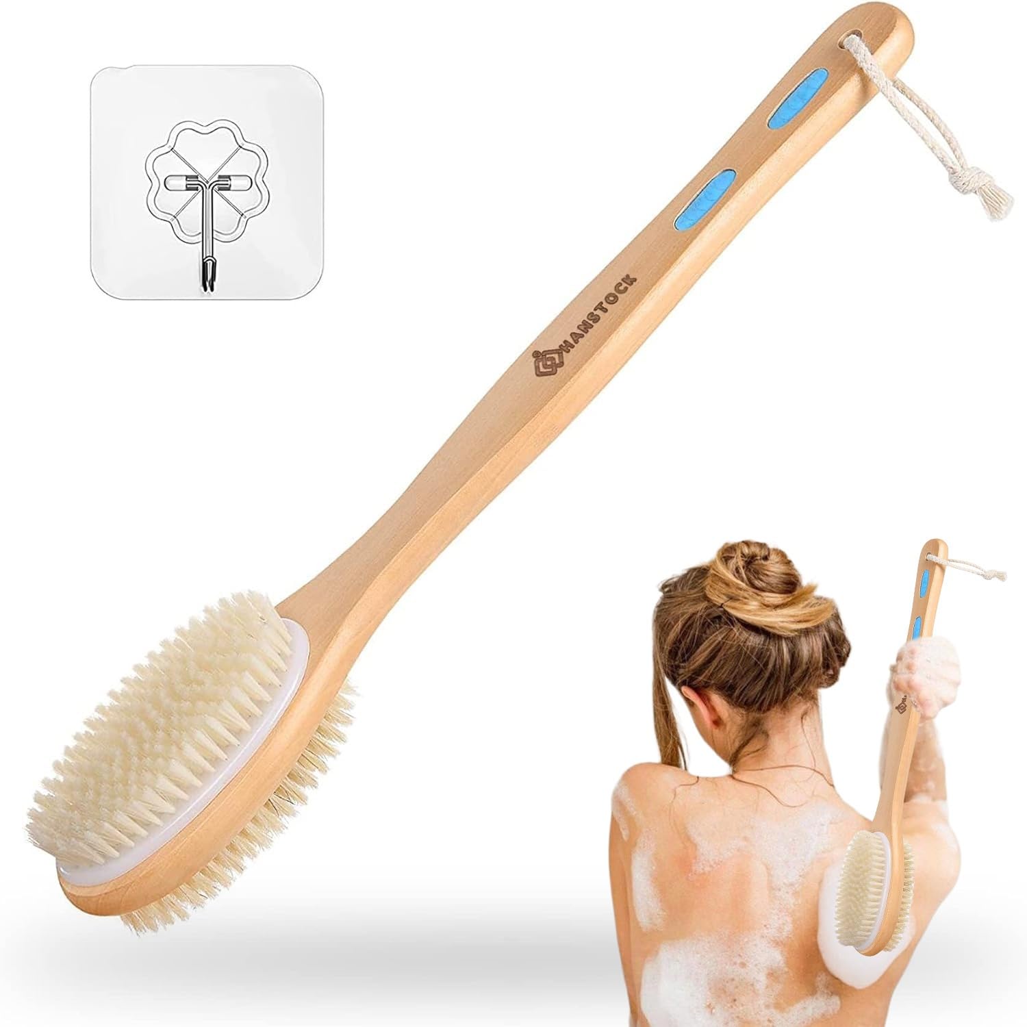 Back Scrubber, 43cm Long Wooden Double-Sided Shower Body Brush with Soft and Stiff Bristles for Exfoliating Skin