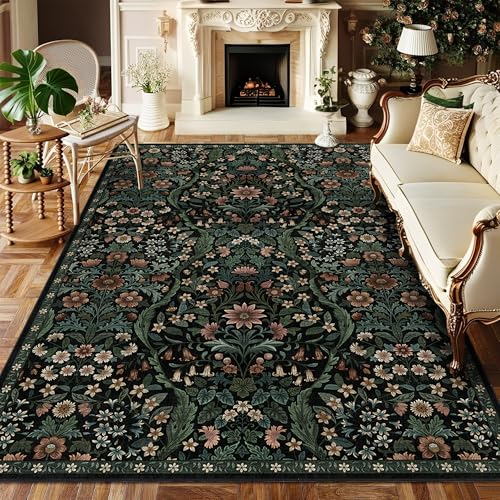 5&times;7 Black Washable Floral Area Rug,Vintage Boho Soft Low-Pile Living Room Rugs...